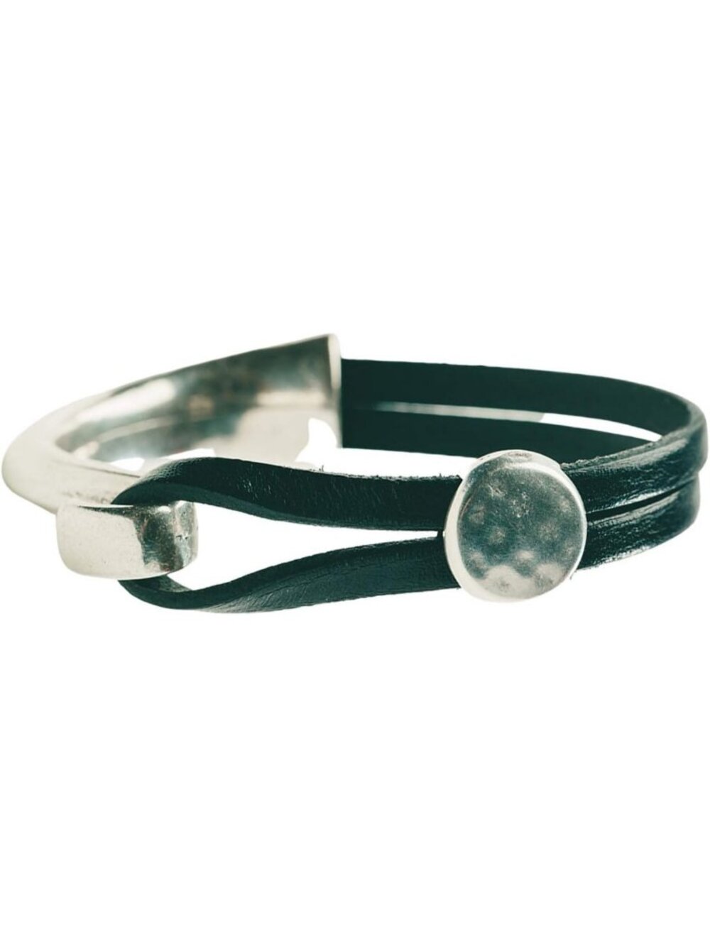 Handmade Black Leather Cuff Bracelet, Unique Stackable Bangle, Silvertone